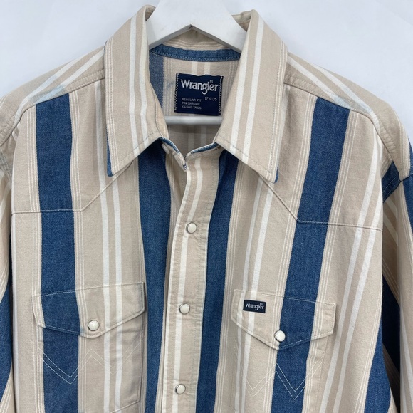 VTG Wrangler Western Denim Button Down Brushpopper Shirt Pearl Snaps X-Long Tail - Picture 2 of 13